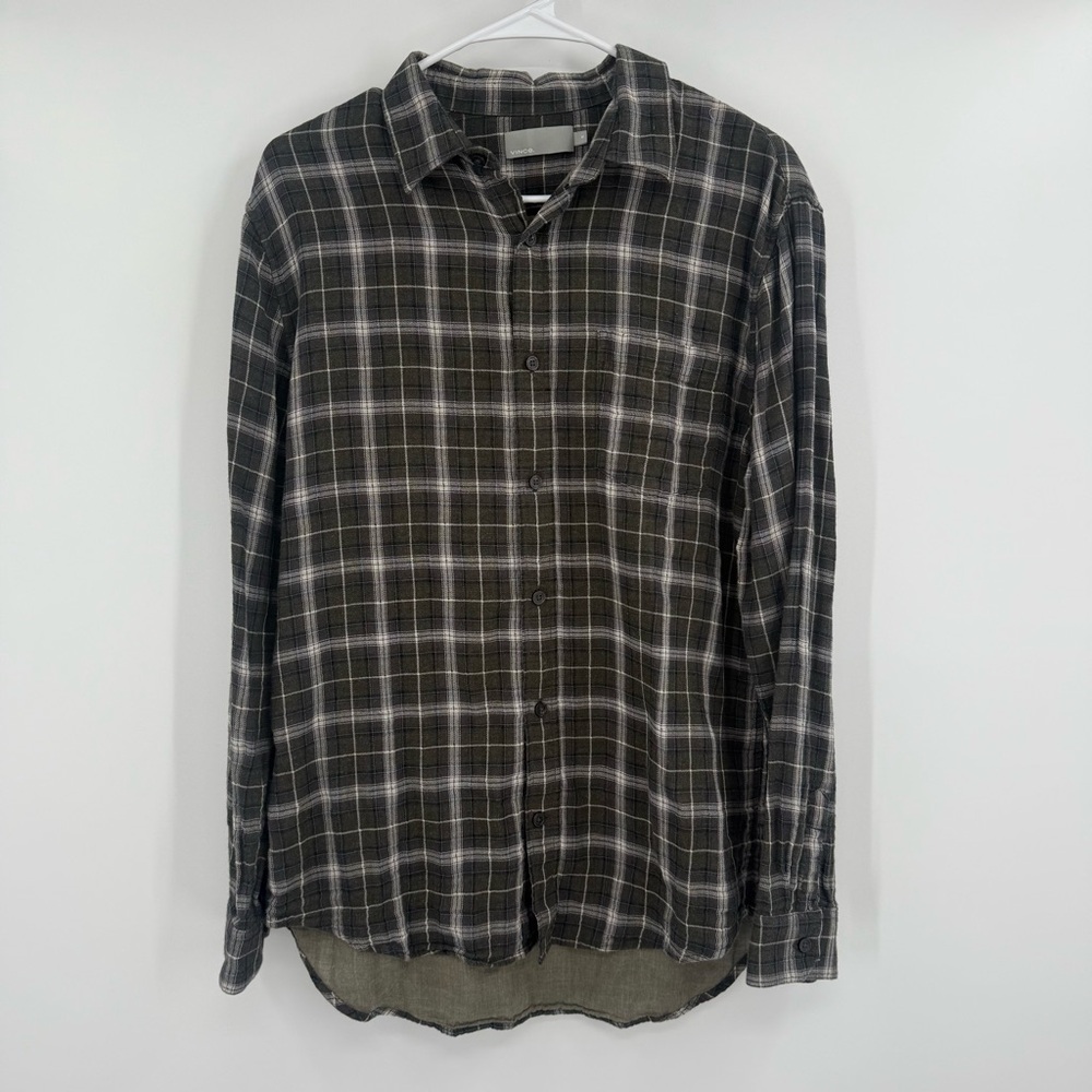 Vince Men's Charcoal and White Plaid Button Down Shirt Size M